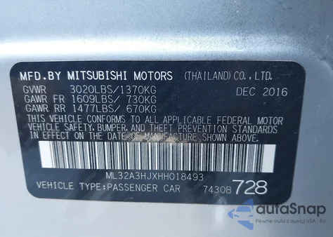 2017 Mitsubishi Mirage Es z USA, uszkodzony, nr VIN ML32A3HJXHH018493